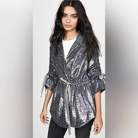 Cinq à Sept Mathieu Ribbon Detail Sequin Jacket -Shimmering Elegance in Gunmetal - Picture 5 of 10